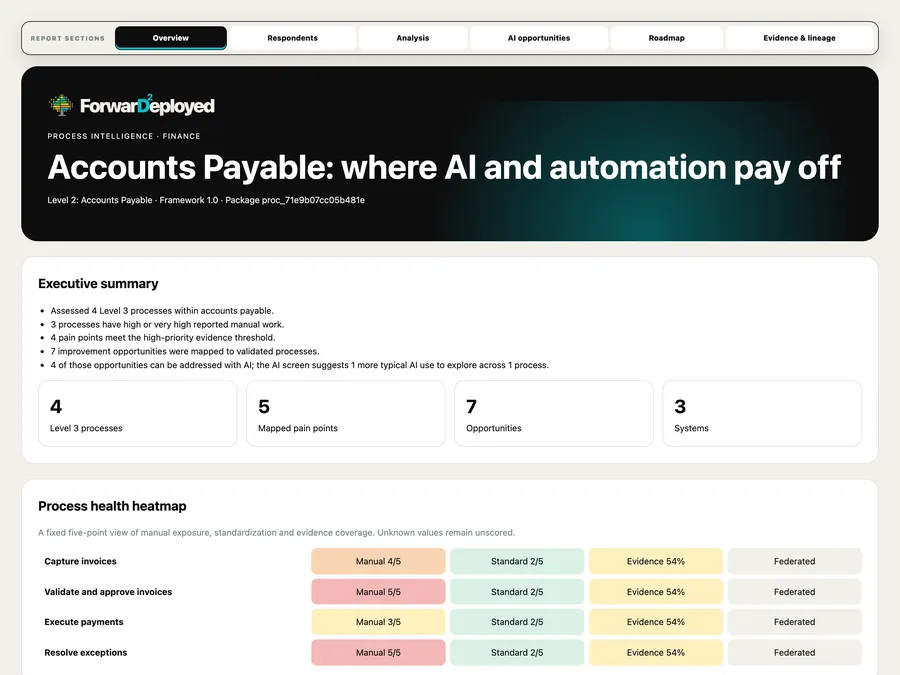 A real AI process audit report: executive summary, counts and a process health heatmap.